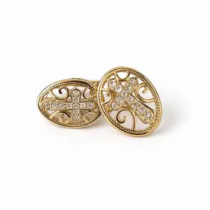 Elegant Cross Filigree Stud Earrings Gold-Tone Sparkle Intricate Swirl Design Sparkling Stone-Encrusted Cross Delicate Beaded Edges