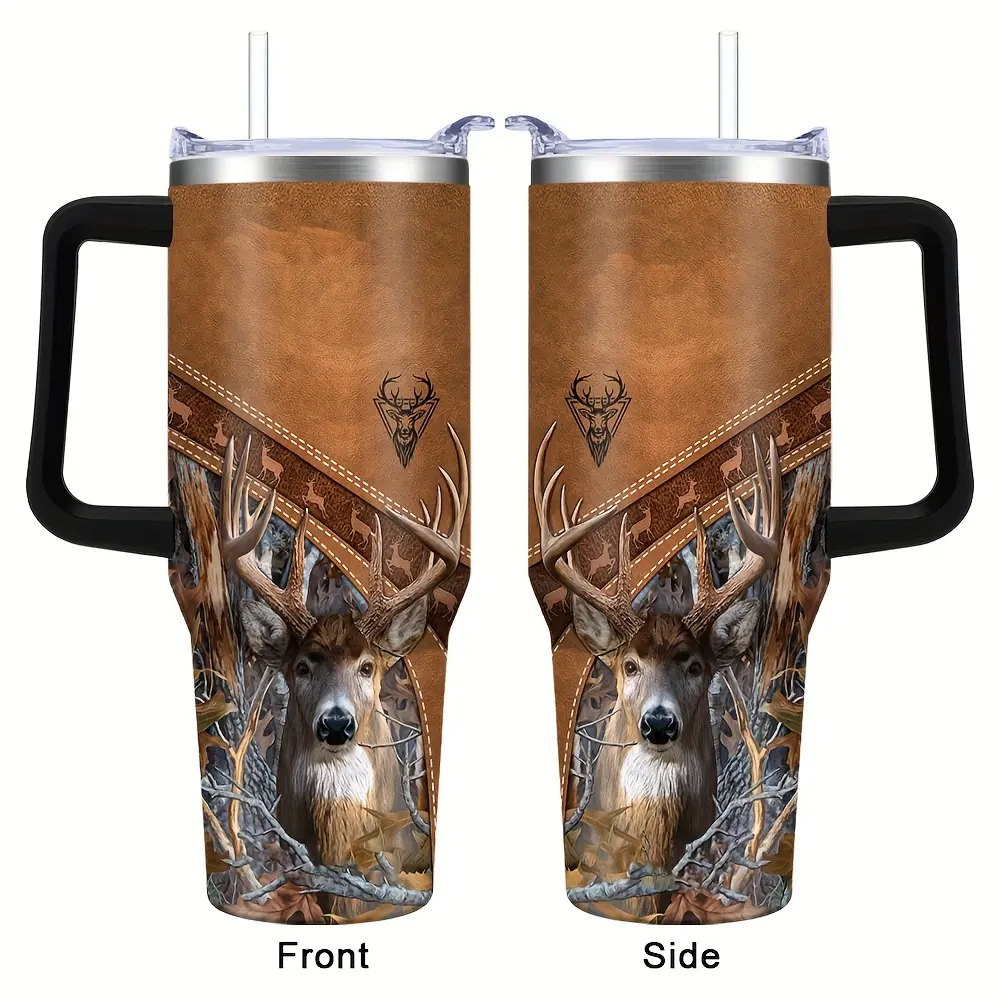 A 40Oz stainless steel travel mug, featuring a lid and handle, designed with a rustic deer forest theme, is suitable for drinking coffee on the go. It is an excellent gift choice for men, cup, Sippy Cup Straw Sublimation Cup The Ordinary Water Bottle