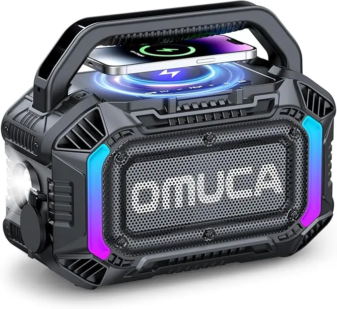 OMUCA Portable Outdoor Bluetooth Speaker, 100W Powerful Stereo Sound, 20H Playtime, TWS Pairing, IPX6 Waterproof, RGB Lights, Fast USB-C Charging, Built-in Flashlight, for Camping, Beach, Backyard & Parties