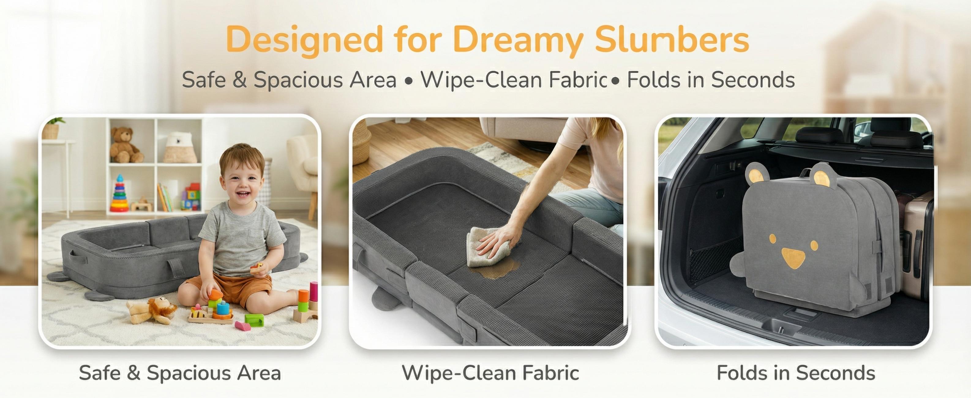 Foldable Toddler Travel Bed, Portable Toddler Floor Bed with Soft Foam for Baby and Kids Aged 1-4,with Washable Cover, Safety Rail, for Home,Hotel,Family Visits,Camping, Grey