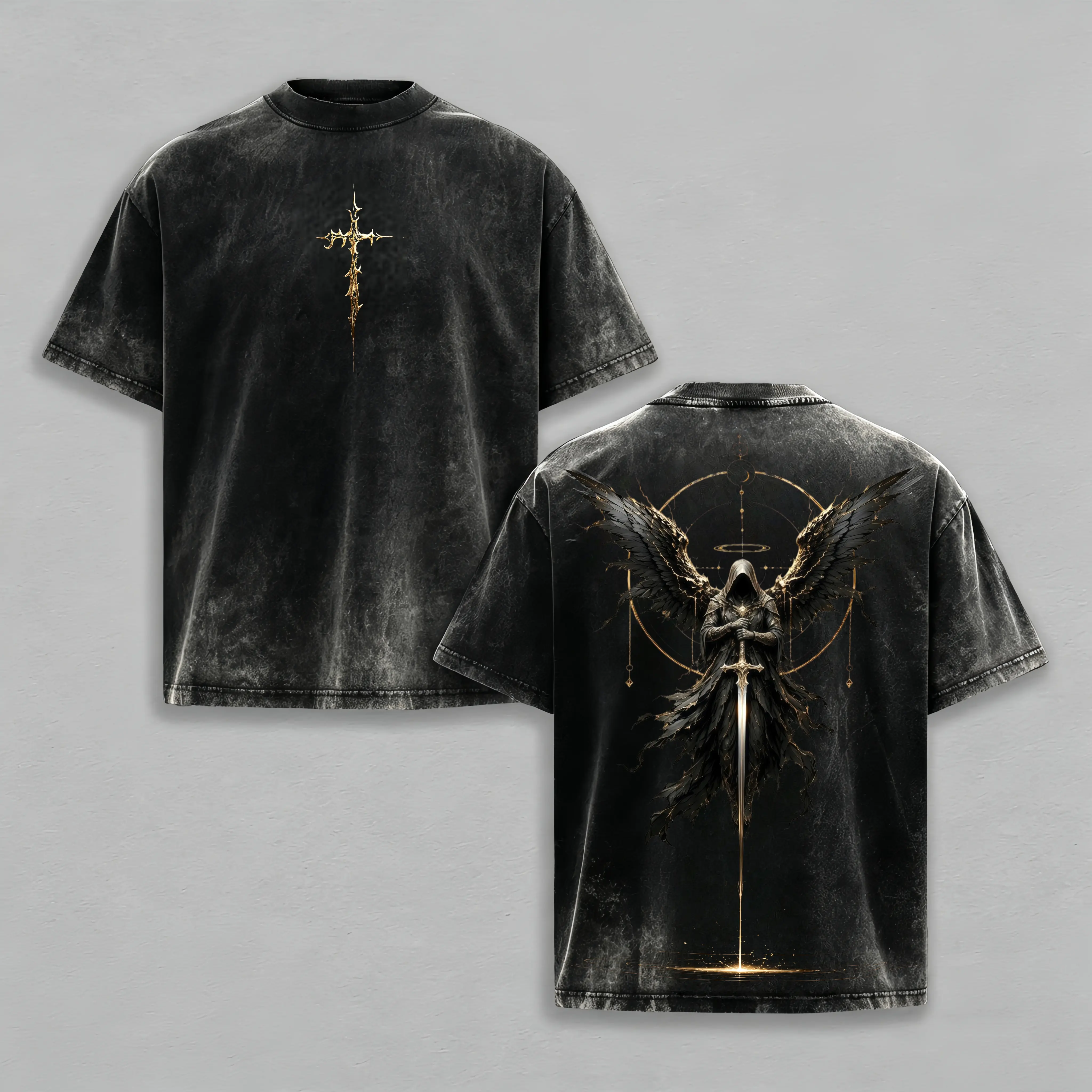 Men's Casual Fashion Loose Oversized Heavyweight Short-Sleeve Tee, Vintage Washed Gothic Streetwear with Distressed Cross & Fallen Angel Graphic Apparel T Shirt Menswear