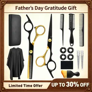 【Father's Day Gratitude Gift】Professional Barber Scissors Set with Thinning Shears, Cape, Combs, Clips & Case, Home Haircutting Tools for Men, Complete Grooming Gift Set for Dad