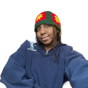 Crochet Granny Square Hat - Green Color with Red and Yellow Floral Design, Ideal for Holiday Wear