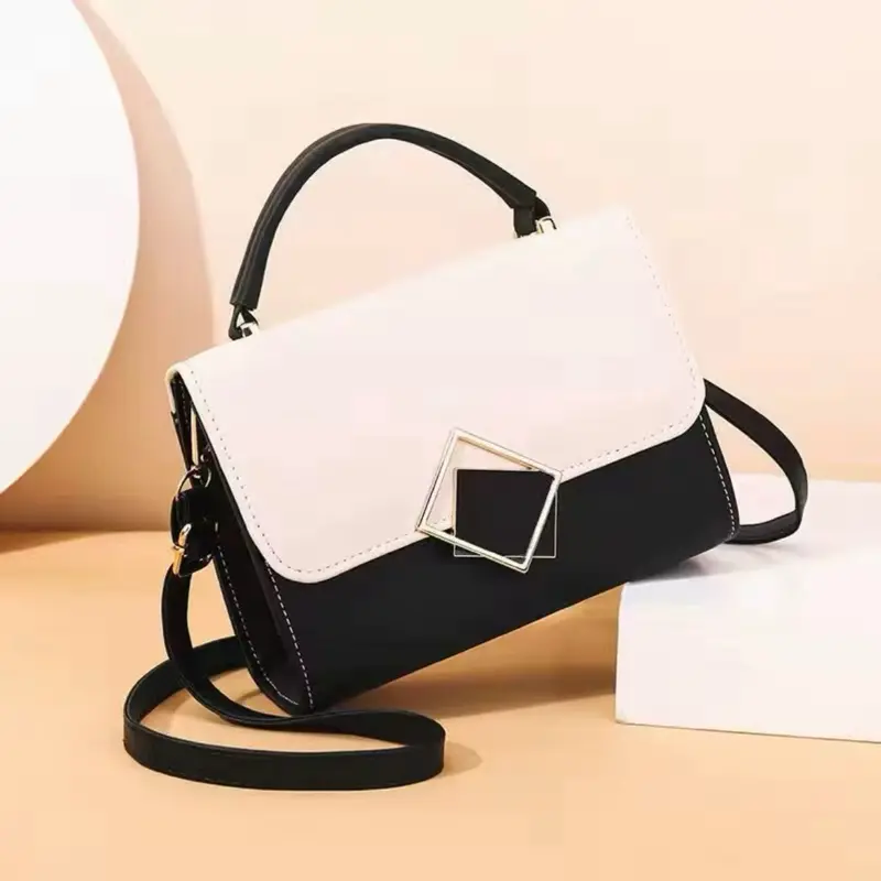 Designer Purse Tote Bag - White and Black Colorblock with Square Buckle Detailing Women's travel