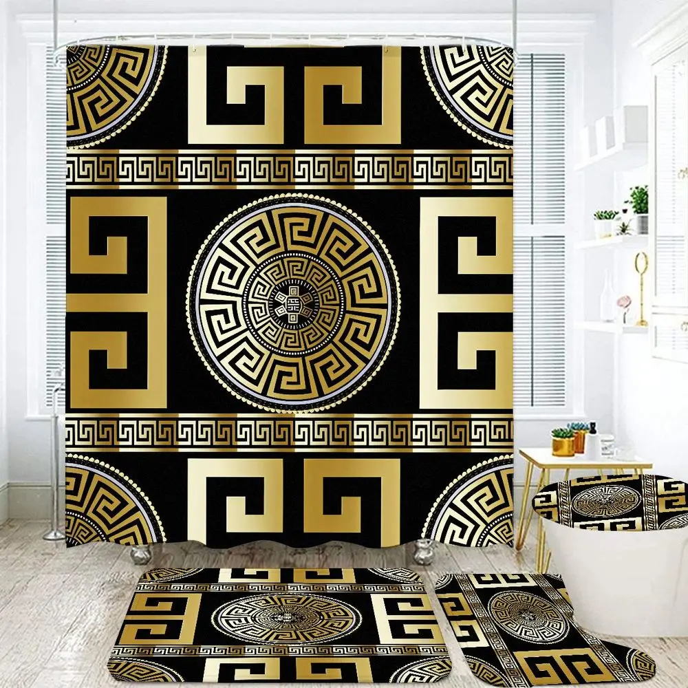 1/4pcs Black Gold Greek Key Medallion Bathroom Curtain Set, Decorative Shower Curtain, 4 Piece (Shower Curtain + 2 Mats + Toilet Seat Cover) with Geometric Pattern, Home Decor for Bathroom, Perfect for Christmas, Housewarming, Bathroom Shower Curtain Sets
