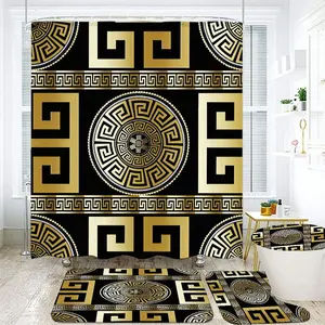 1/4pcs Black Gold Greek Key Medallion Bathroom Curtain Set, Decorative Shower Curtain, 4 Piece (Shower Curtain + 2 Mats + Toilet Seat Cover) with Geometric Pattern, Home Decor for Bathroom, Perfect for Christmas, Housewarming, Bathroom Shower Curtain Sets