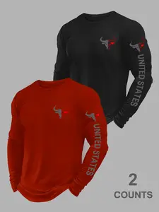 2 Pack Men's Bull Print Long Sleeve Workout Shirts, Quick Dry Athletic Gym Tops with United States Text Print, Breathable Crew Neck Training Running Sports Tees for Outdoor Fitness & Casual Wear#BullPrintTees #2PackClothing#MensFitnessShirts#LongSleeveTop