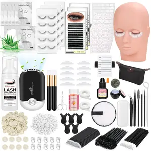 Lash Kit for Eyelash Extension Beginners Eyelash Extension Kit with Lash Mannequin Head, Eyelash Extension Practice Starter Kit with Everything USB Fan Lash Glue False Eyelash Lash Shampoo