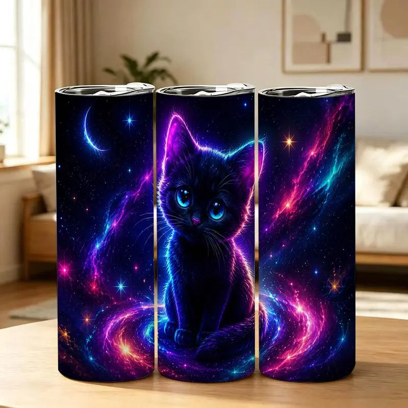 20oz Cosmic Galaxy Neon Cat Stainless Steel Tumbler， Tumbler with Lid Vacuum Insulated Travel Mug， Coffee Cups With Lids， Perfect Gifts For Birthday Holidays Gifts For Women and Men