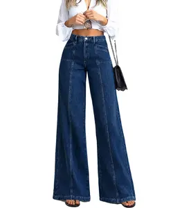 American retro split dark blue jeans women 2026 spring casual loose wide leg slightly flared straight leg floor pants