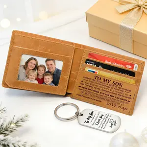 A wallet and keychain gift set for parents to give their son – a wallet engraved with an inspirational message, perfect for birthdays, graduations, meaningful holidays, Christmas, and Easter.