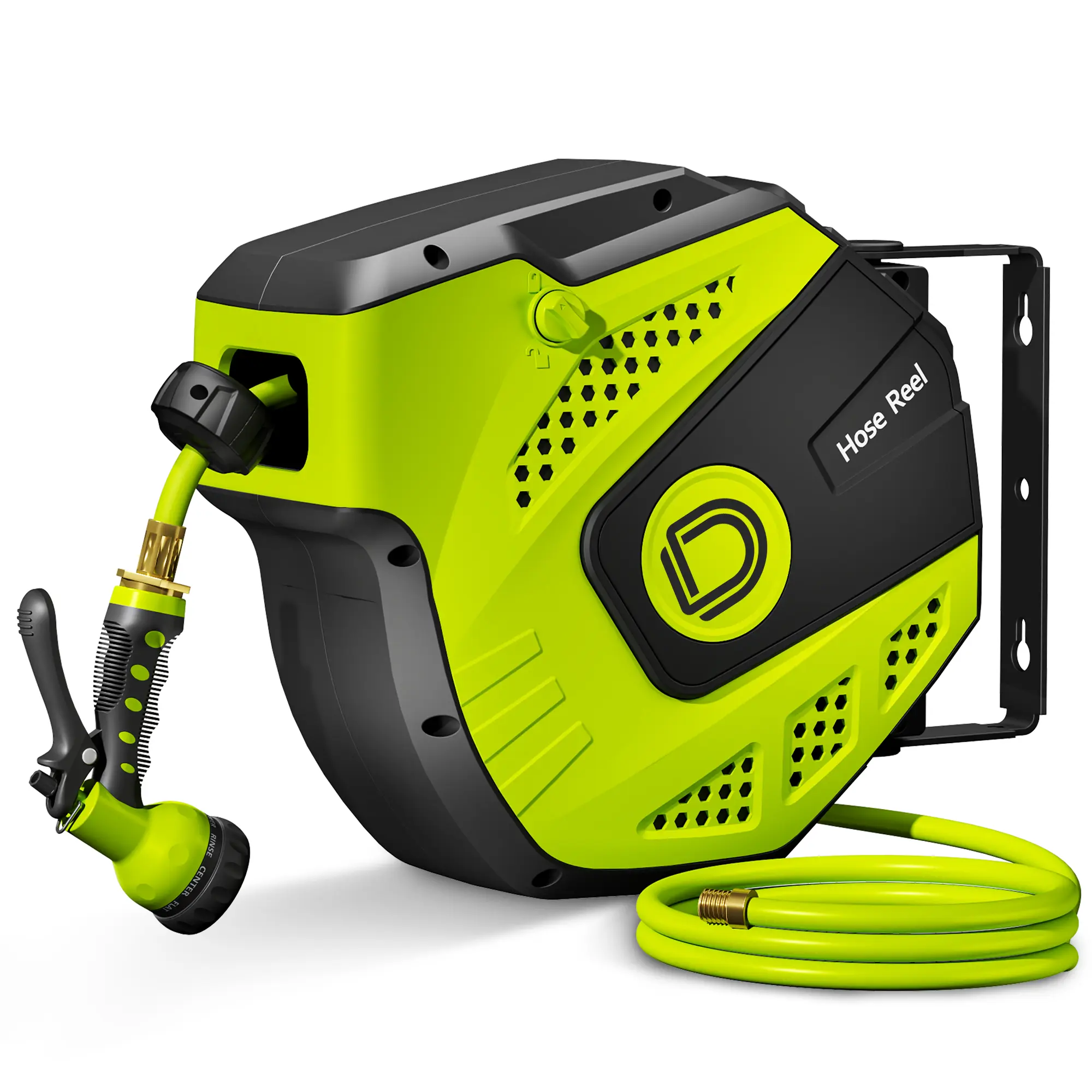 33FT/65FT Retractable Garden Hose Reel, Wall Mounted Water Hose Reel with Auto Rewind, 180° Swivel Bracket, Lock at Any Length, Heavy Duty Outdoor Hose Reel with Spray Nozzle