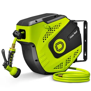 33FT/65FT Retractable Garden Hose Reel, Wall Mounted Water Hose Reel with Auto Rewind, 180° Swivel Bracket, Lock at Any Length, Heavy Duty Outdoor Hose Reel with Spray Nozzle