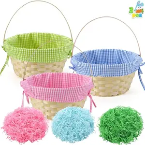 3 PCS Easter Bamboo Baskets with Plaid Lining and Handle and 3 Colors Grass Paper Shreds for Easter Egg Hunt, Kids Party Treats, Filling with Party Favors (Blue, Pink, Green)