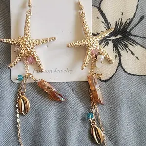 Women's Boho Style Alloy Statement Earrings Set, Ocean-Inspired Starfish Shell Design, Irregular Crystal Beaded Dangle Jewelry for Daily Wear & Vacation