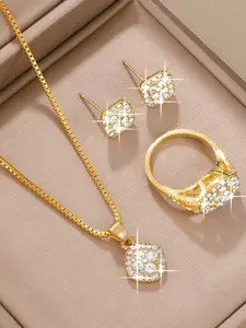 Elegant Four-Piece Set, Stainless Steel, 18k Gold Plated, Multi-Stone Inlay, Star Design, Perfect for Formal Occasions, Ideal Gift, Jewelry