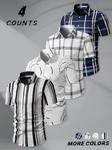 Men's Summer Random Plaid Pattern Printed Shirt Set, Casual Outdoor Business Short Sleeve Shirts, 4 Piece Set, Fitted Style