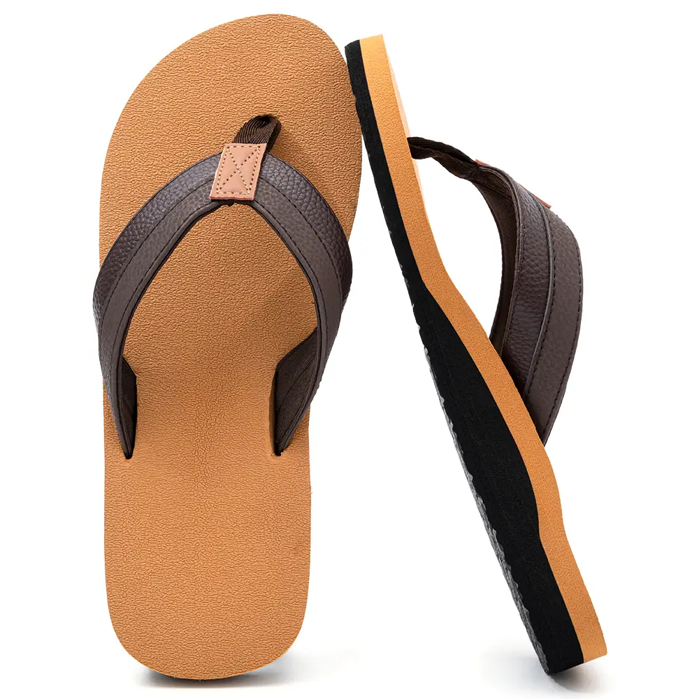 Men’s Leather Strap Flip Flops with Arch Support, Non-Slip Sole for Beach, Home, and Everyday Comfort, Cushioned Footbed Thong Sandals