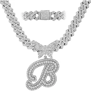Cuban Link Chain for Women Cursive Silver Initial 14MM Diamond Prong Cuban Chain Hip Hop Iced Out Chain Necklace Butterfly Initial Letter Name Necklaces for Women