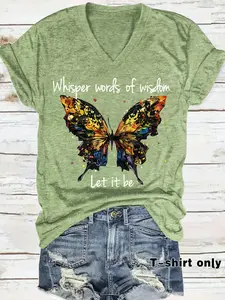 Women's V Neck Butterfly Print Casual Summer Top, Loose-Fit Short Sleeve Vintage T-Shirt, Womenswear, Comfortable Breathable Fabric, S-Xxl Sizes Available