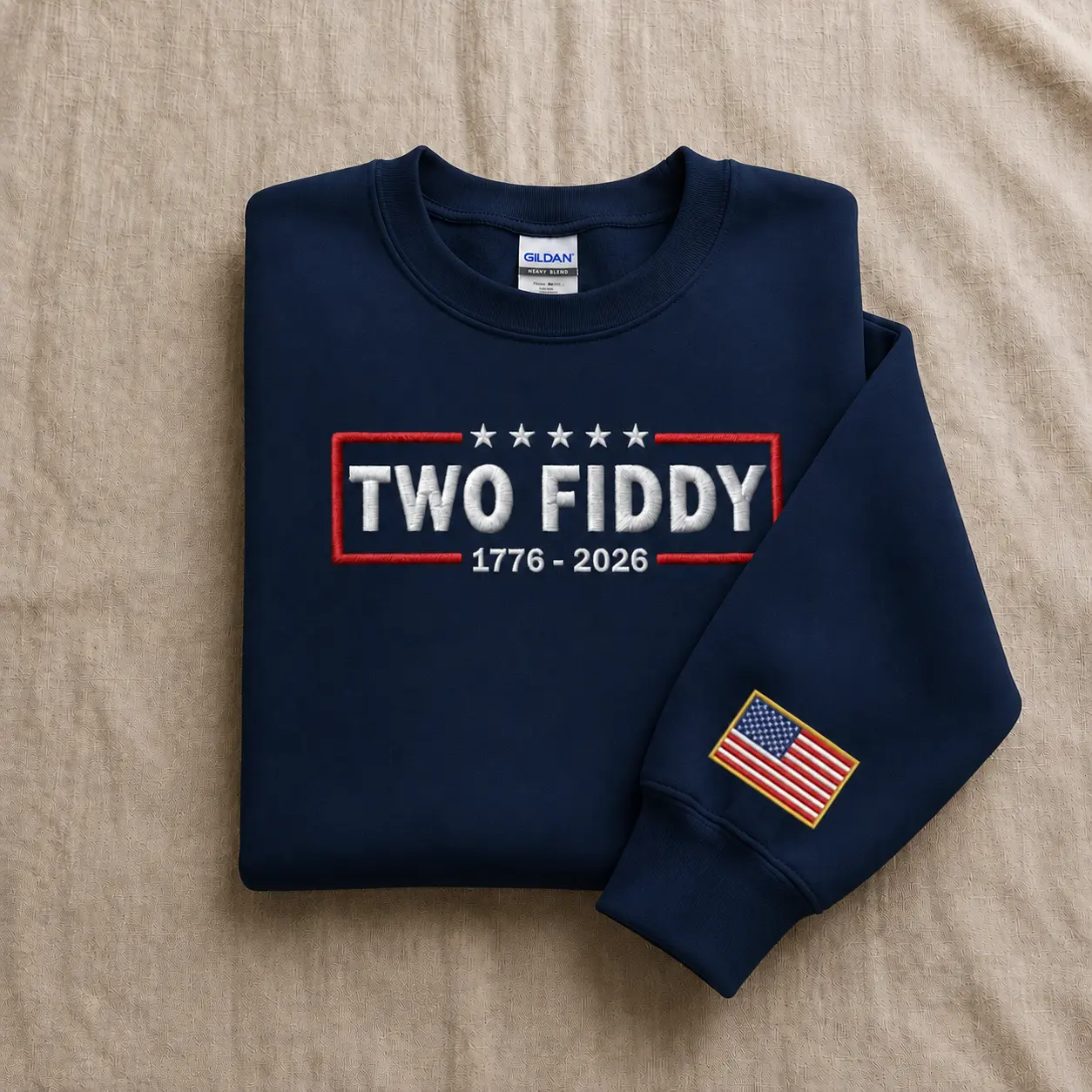 Two Fiddy 1776-2026 Embroidered Sweatshirt, America 250 Anniversary Sweatshirt, Patriotic USA Crewneck, American Flag Sleeve Sweatshirt, Fourth of July Gift
