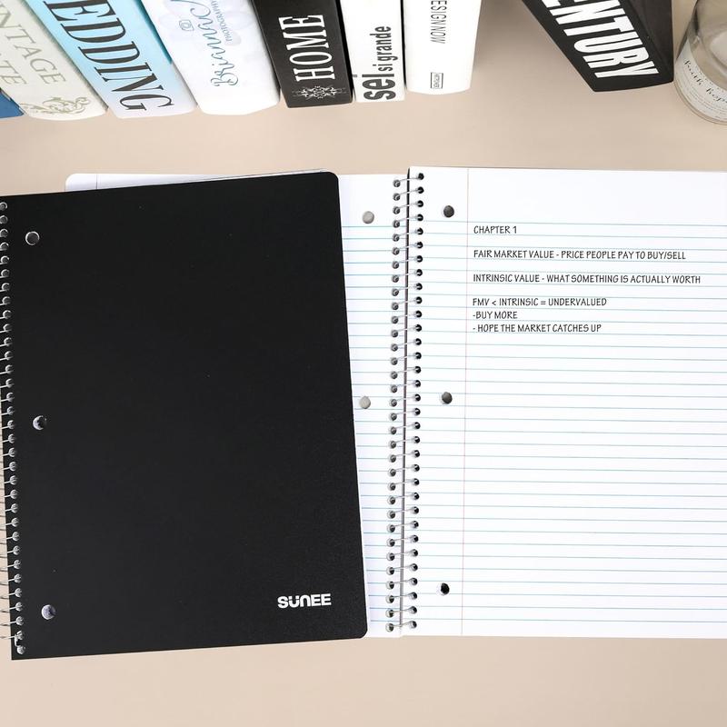 College Ruled Paper, x 101/2", 100 Sheets per Notebook, 3Hole Punched Paper, Water Resistant Cover, Doublesided Pockets, Spiral Lined Notebooks for Work, Black