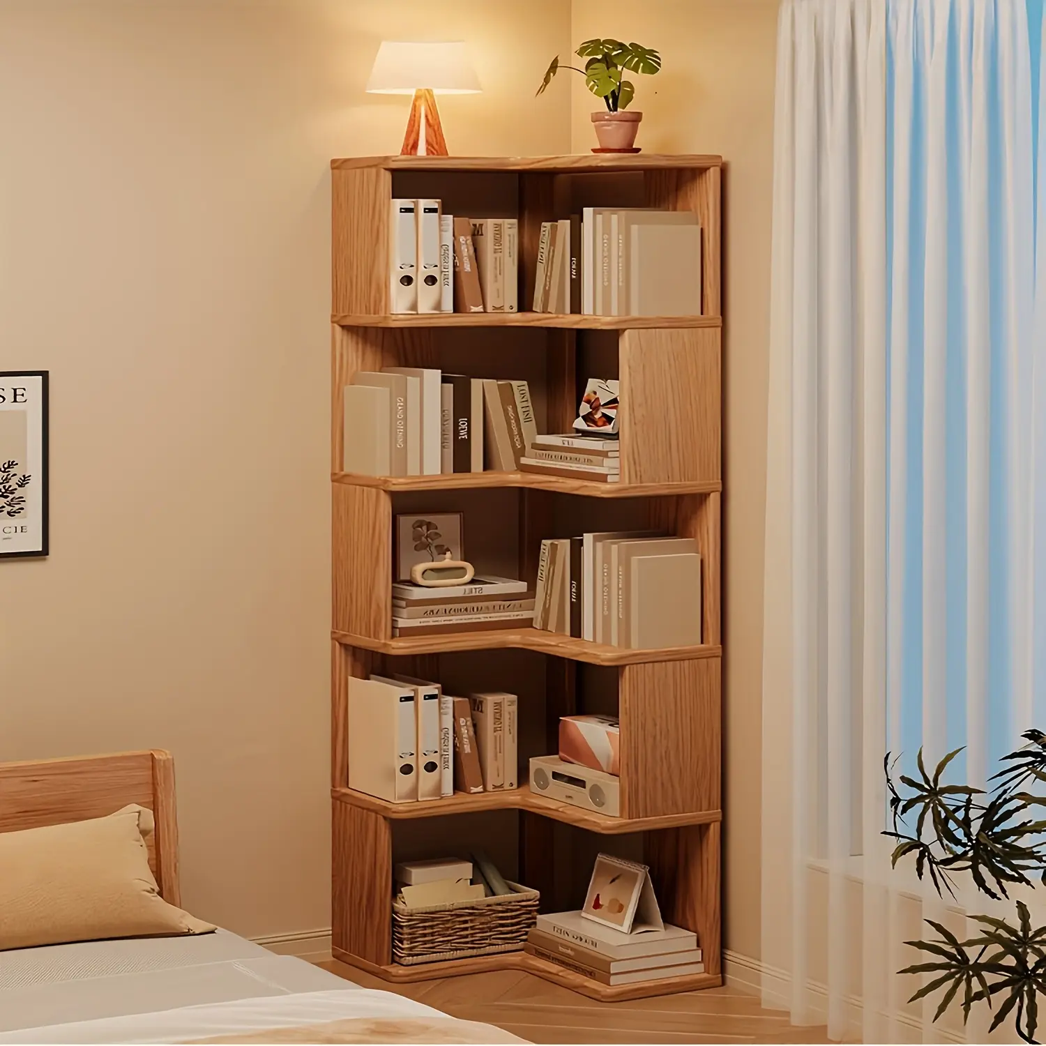 L-Shaped Solid Wood Corner Bookshelf, 3/5-Layer Floor-Standing Storage Rack, Space-Saving Home Decor for Living Rooms & Home Offices, Light Brown, Easy to Assemble, Ideal for Book Display