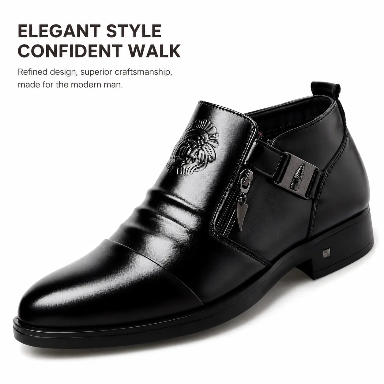YANXIANSHOES Men's Chic Formal Synthetic Leather Round Toe Ankle Boots - Slip-On with Side Zipper, Lightweight Rubber Sole Footwear for Office, Casual Use (Style-Infused Design), Men's Shoes, Casual Work Ready