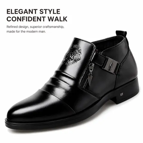 Men's Leather Ankle Dress Footwear - Chic PU Shoes with Side Zipper, Wrinkle Vamp, Decorative Strap, Pointed Toe, Lightweight for Business, Formal Events | All Seasons Father's Day Gift (Black, Tan)