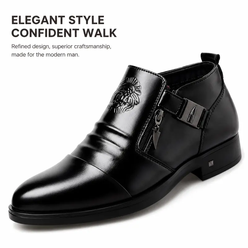 Men's Leather Ankle Dress Footwear - Chic PU Shoes with Side Zipper, Wrinkle Vamp, Decorative Strap, Pointed Toe, Lightweight for Business, Formal Events | All Seasons Father's Day Gift (Black, Tan),outdoorfun
