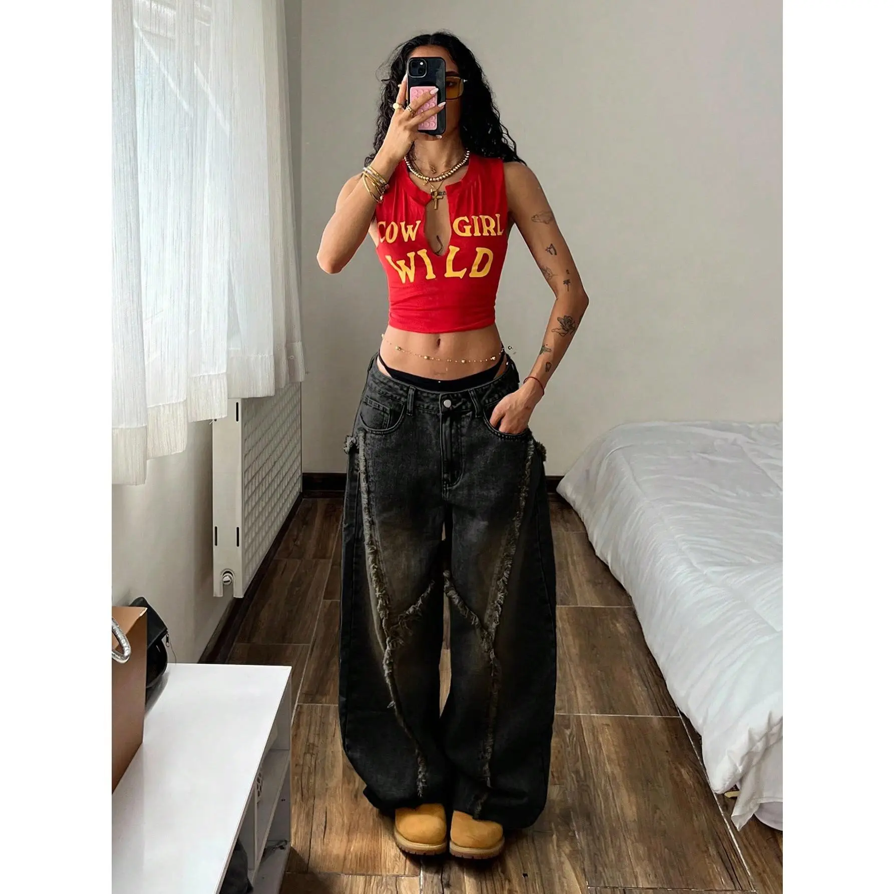Women's Vintage Street Chic Deconstructed Frayed Hem Wide Leg Jeans, Y2k Clothes, Summer Streetwear Outfits