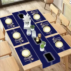 Geometric Pattern Table Runner Set, Blue Colors, Home Dining Outdoor Restaurant Wedding Use, 5/7 Piece Set