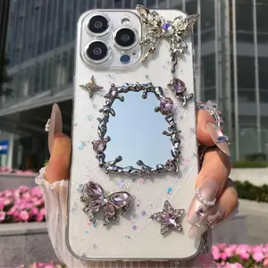 Rhinestone Decor Phone Case with Chain, Mirror Phone Protective Cover, Phone Accessories Compatible with iPhone 16 15 14 13 12 Pro Max