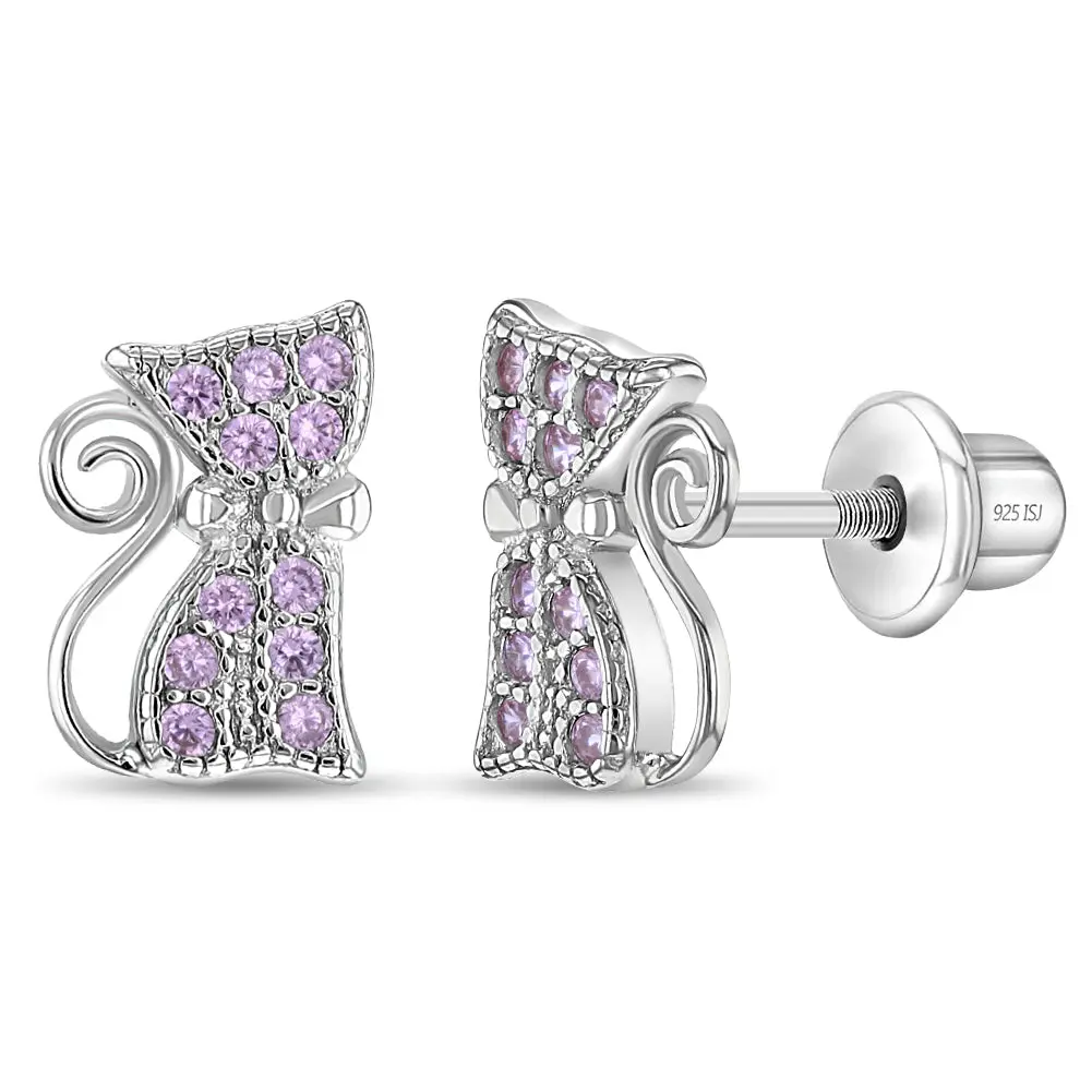 Sassy Kitty Cat Kids / Children's / Girls Earrings Screw Back - Sterling Silver