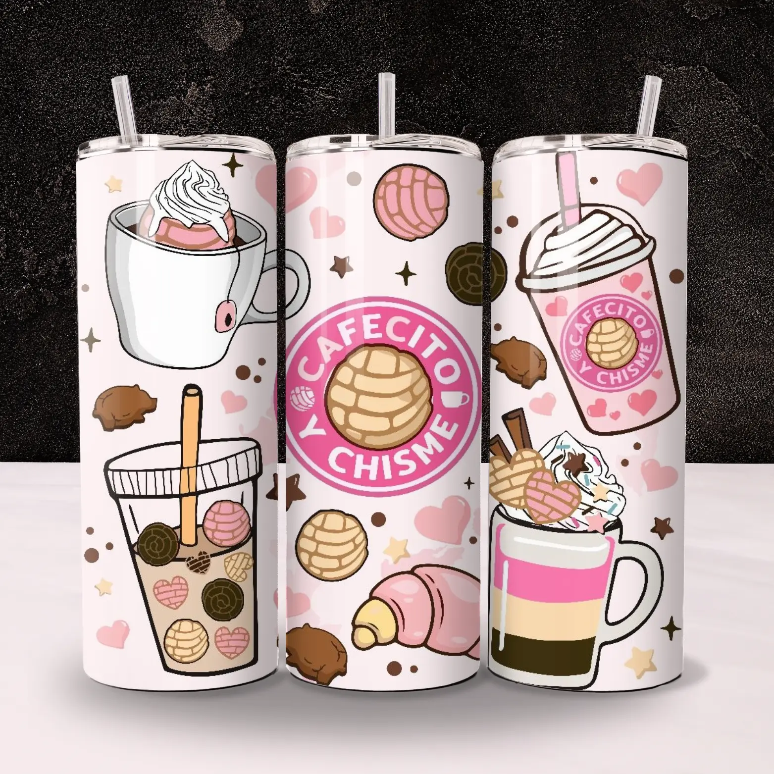 20oz Skinny Vacuum Tumbler - Cafecito y Chisme, Pink Coffee Conchas Themed, Handmade Drinkware with Lid, Tumblers