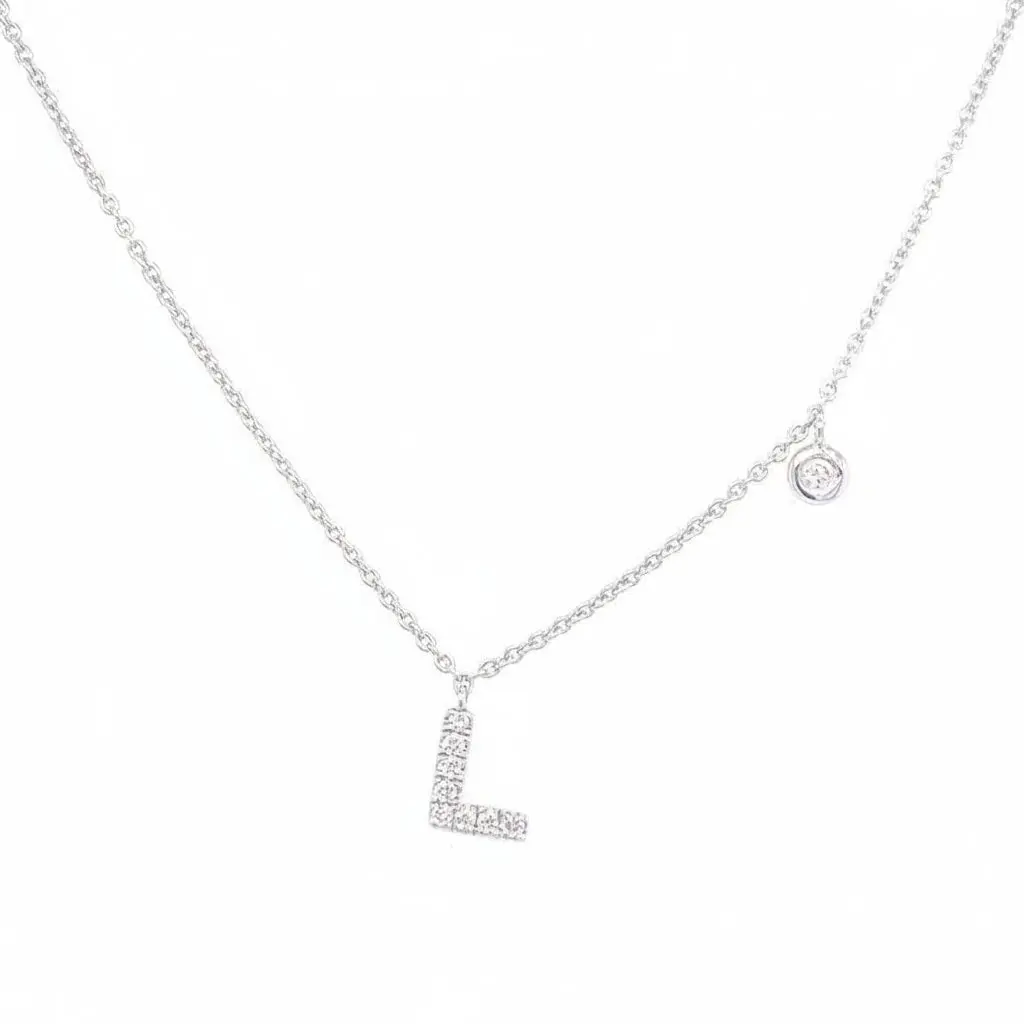 Initial Necklace Letter L with Diamond – 14k White Gold