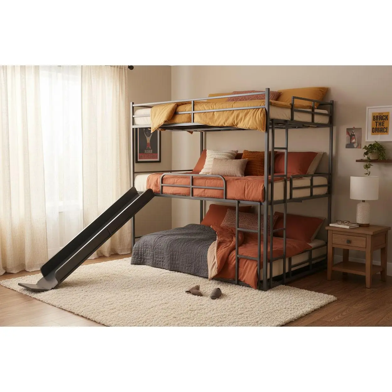 Full Size House Loft Bed With Slide And Ladder - Black