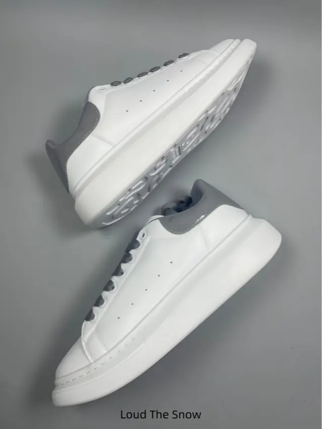 Pair White Gray Heel Contrast Platform Leather Sneakers Thick Shock Absorb Chunky Midsole Gray Laces Lace Up Casual Skate Shoes Unisex Matching Couple Footwear