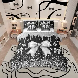 Bow Bedding Set,7 Piece Black Bow Comforter Set for Kids Boys Girls Adults,Cute Diamond Sequins Bow Tie Bed in A Bag Watercolor Black Silver Gray Bowknot Sheet Set with Comforter