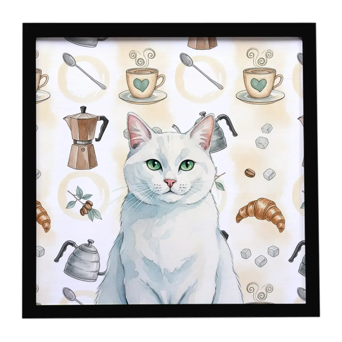 Carolines Treasures FNT1406MFP88 8x8 in. Solid White Cat Coffee Graphic Framed Aluminium Metal Print - Christmas Hanger, Artwork, Artist-Themed Prints, All Ages Ideal Gift, Home Decor Wall Art