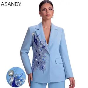 ASANDY Women's Light Blue Long Sleeve Suit Blazer, Handcrafted Peacock Feather Embroidery, Rhinestone and Sequin Embellishments, Luxury Formal Wear for Ladies