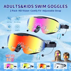 Outly 2 Pack Swim Goggles with Earplugs for Adult Kid 4-12 Men Women, Anti-fog UV Protection No Leak 180° Wide View Clear Vision Pool Goggles