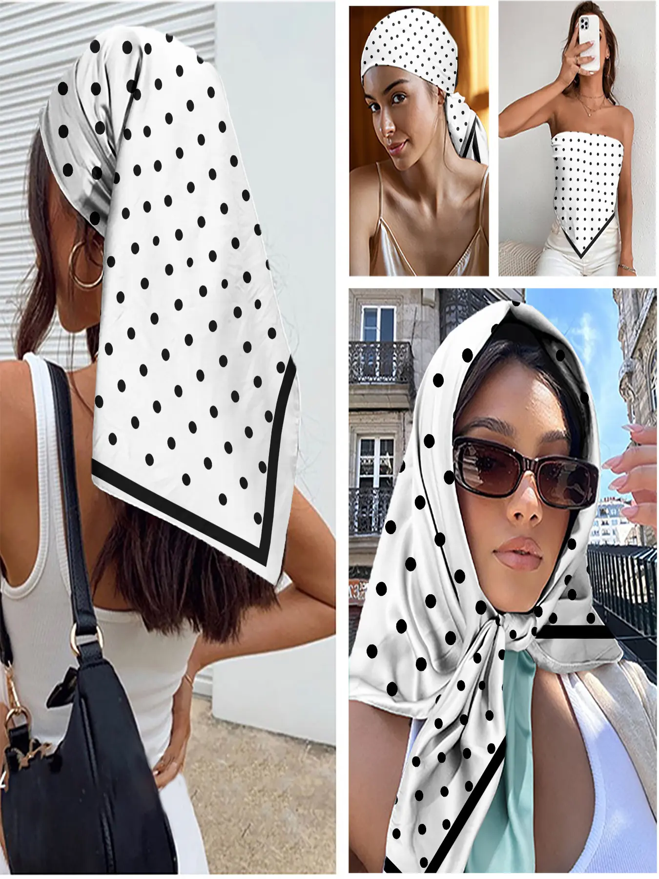 Scarf for hair, head, neck, and purse, designed as a chic bandana scarves for women with a crisp white base and classic black polka dots, perfect for elevating beach outfits with retro charm for summer vacations.
