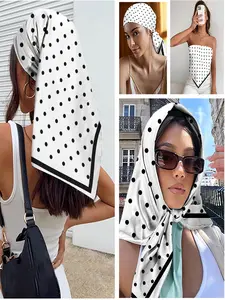 Scarf for hair, head, neck, and purse, designed as a chic bandana scarves for women with a crisp white base and classic black polka dots, perfect for elevating beach outfits with retro charm for summer vacations.