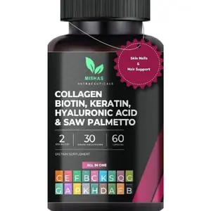 Multi Collagen Hair Pills - Biotin 10,000mcg, Keratin & Hyaluronic Acid - Hair Growth - Hair Skin & Nails Vitamins & DHT Blocker - Vitamin E Folic Acid Pumpkin Seed MSM, Saw Palmetto 60 Vegan Capsules