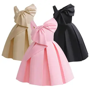 Girls’ Princess Dress for Ages 2–10 Years, Baby Girls, Large Bow, Solid Color, One-Shoulder Design, Summer Performance/Party Dress, One-Piece, Model ZT-3340