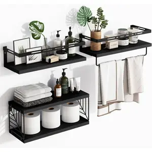 3+1 Tier Wall Mounted Bathroom Shelves Over Toilet, Rustic Wood Floating Shelves with Metal Frame and Towel Bar for Bathroom, Kitchen, Bedroom, Living Room (Black)