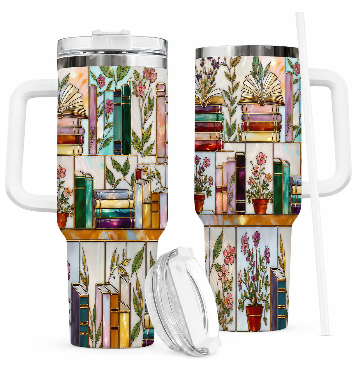 Stained-Glass Book Design 40oz Tumbler, Floral Bookshelf Tumbler, Book Lover Gift, Bookish Cup, Library Cup, Tea Cup, Coffee Mug, Gift for Friends, Kitchen Drinkware, Dealsforyou, Summerwins