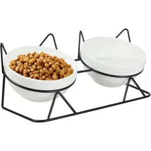 15° Elevated Tilted Double Ceramic Cat Bowls for Indoor Cats, Anti Vomiting Pet Feeding Bowls for Food and Water With Tilt Shelf