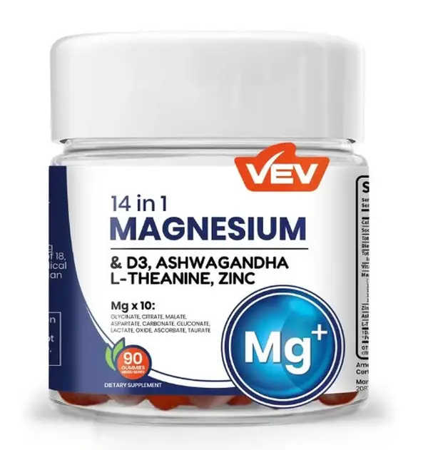 VEV 14-in-1 Bioavailable Magnesium Mineral Complex Gummies - Sugar Free, Calming Herbal Blend with Ashwagandha, L-Theanine, Vitamin D3, Zinc, Dual Nutrient Boost - Vegan, Lactose-Free Supplement for Stress Relief, Relaxation